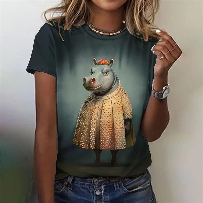 Летняя Модная Блузка Мультяшное Животное Смешные Футболки С Круглым Вырезом Повседневная Женская Одежда Уличная С Коротким Рукавом Свободная Базовая Одежда