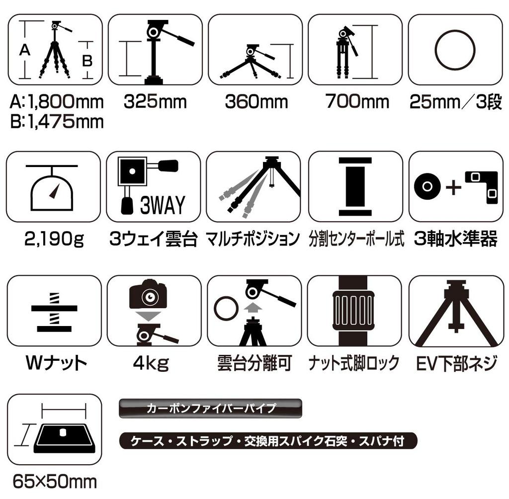 SLIK Carbon Tripod Carbon Master 733 Nut Lock Type 25mm Pipe Diameter Head Shoulder Strap Included 109250 3-section High-precision 3-way