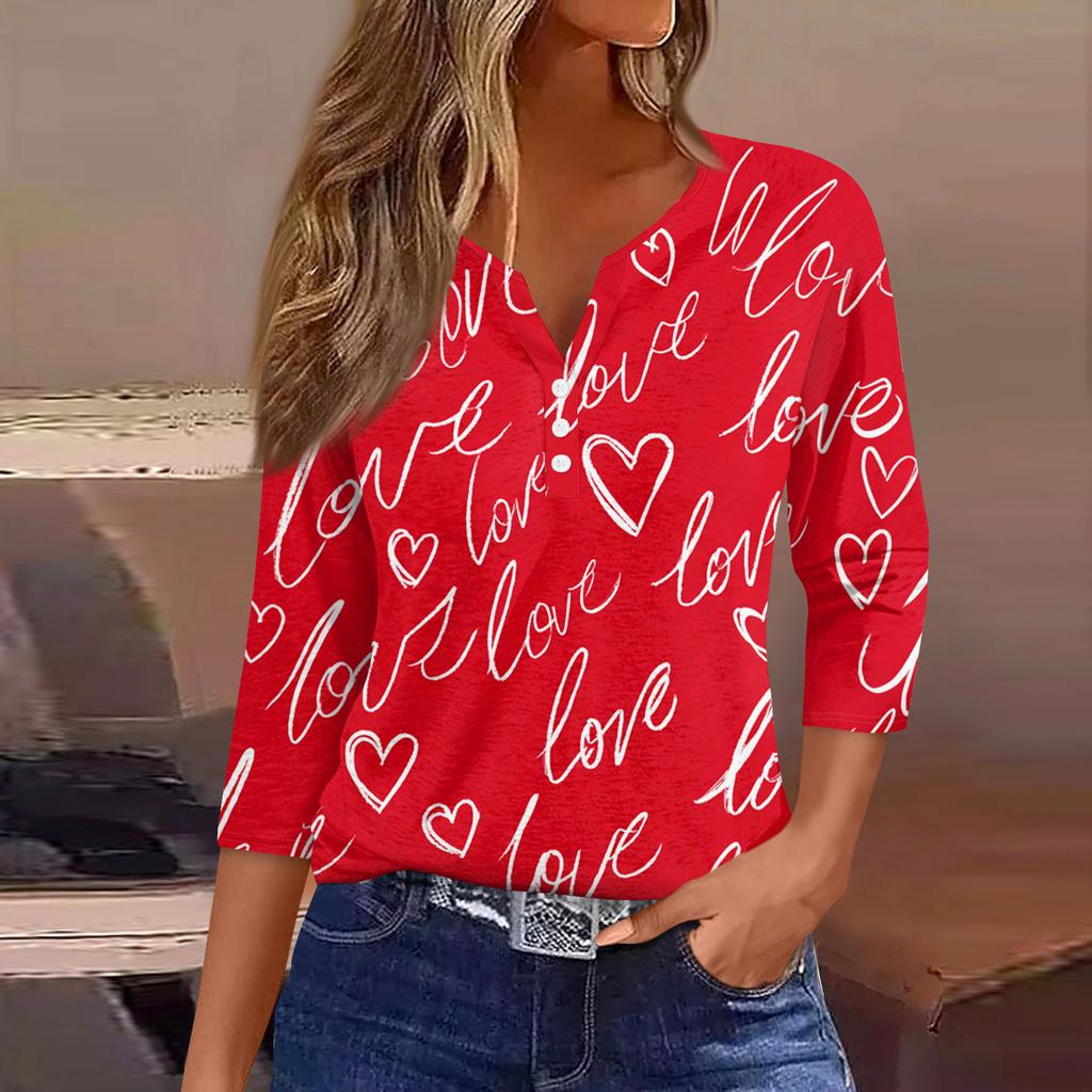Жен. Футболка Футболка С принтом Пуговицы Рукав 3/4Ежедневно Выходные Мода Классический Топ с v-образным вырезом Обычный
