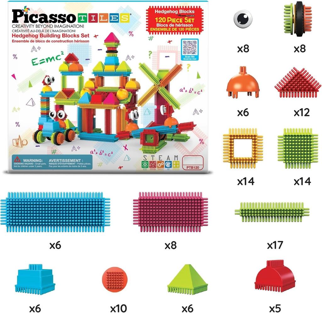 PicassoTiles Hedgehog Block Tiles Toy Building Stacking Interlock Teeth Toys Construction Sensory Gifts STEM Learning Bristle Playset Educational Kit
