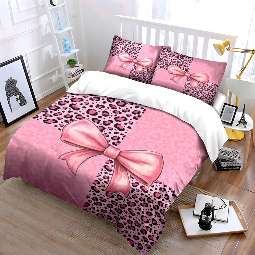 "Pink Leopard Bow Set Decor" Soft Skin-Friendly Bedding Set Includes 1 Duvet Cover And 2 Pillowcase, Gift