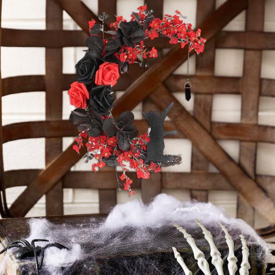 Хэллоуинский венок «Лунный кот» для входной двери, венок в виде полумесяца, табличка с искусственными цветами роз для готического домашнего декора