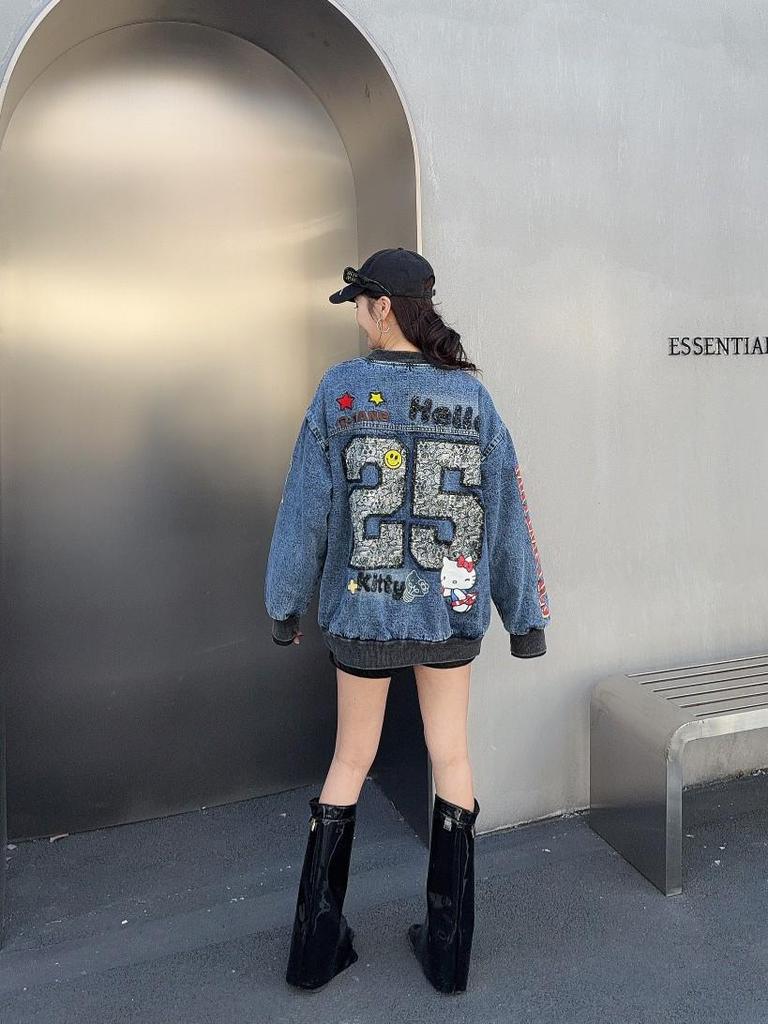 Женская модная европейская джинсовая парка со съемной подкладкой, мультяшной вышивкой и стеганой курткой в стиле бейсбольной