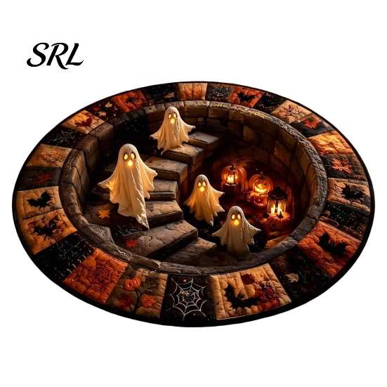 Halloween Decorative Rug 3D Haunted Staircase Area Rug, Ghost Stair Round Carpet with Scary Home Anti-slip Backing, Floor Mat for Living Room Bedroom