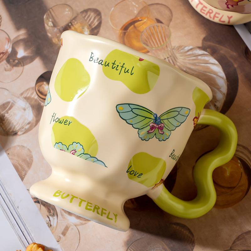 Ins Style Flower Goblet Cute Strap Home Single Cup Nordic Ceramic Cup Butterfly Pastoral Mug Set
