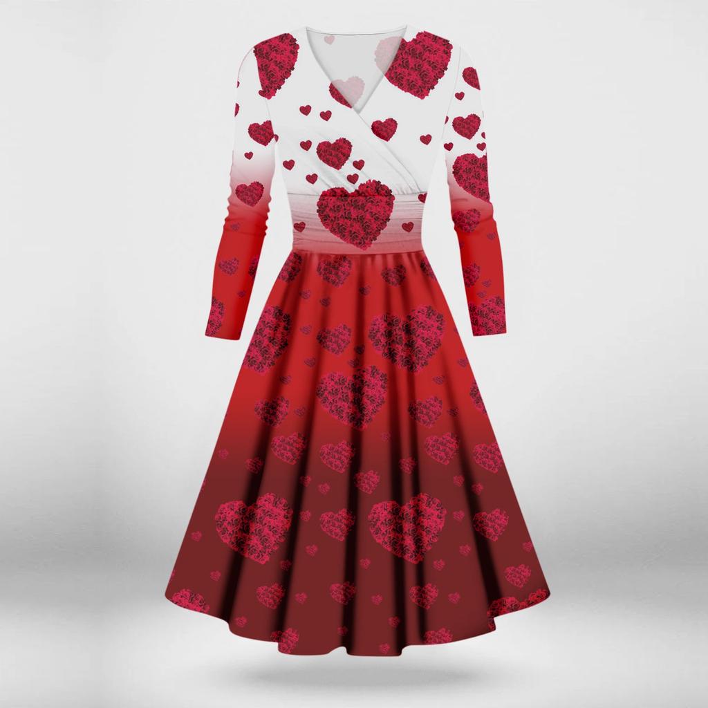 Женская мода повседневные платья на День святого Валентина с принтом, длинным рукавом и V-образным вырезом, сексуальные платья