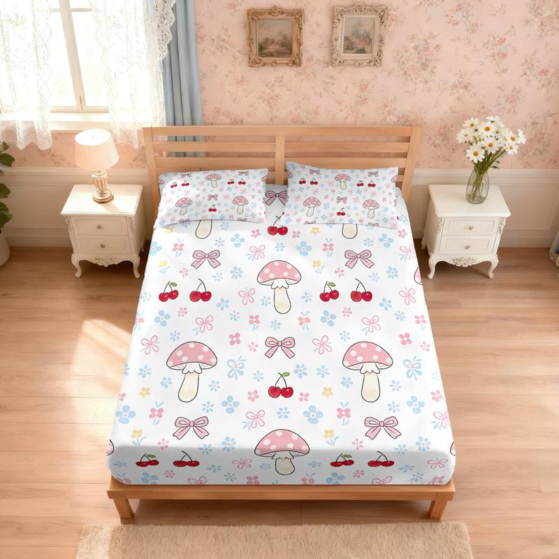 3pcs Color Cartoon Mushroom Print Coreless Bed Sheet Set, Multi Size Soft Bed Cover, Bedroom Bedding Decoration, Washable