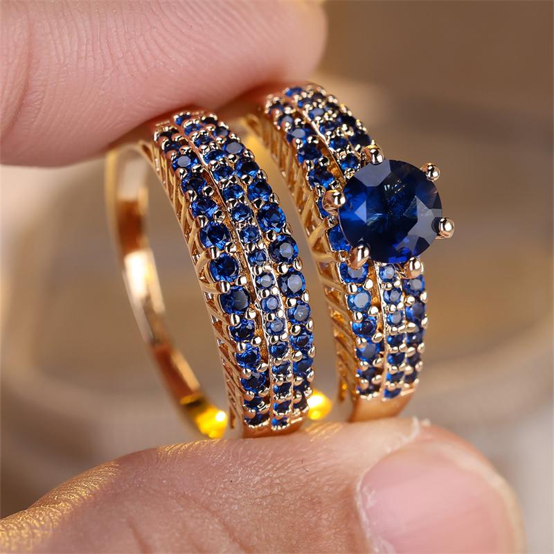 2 шт./комплект, золотистый цвет, круглый ограненный синий камень, кольцо-коготь, обручальное кольцо, ювелирные изделия на День святого Валентина