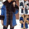 Winter Women Denim Jacket Faux Fur Trim Long Sleeves Color Matching Pockets Cold-proof Mid Length Windproof Outdoor Warm Coat