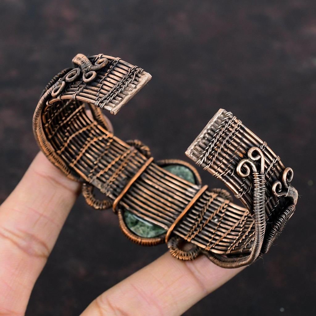 Браслет-манжета с серафинитом, браслет из медной проволоки, браслет ручной работы, ювелирные изделия из натуральных драгоценных камней, медный браслет-манжета, регулируемый браслет, ювелирные изделия из проволочной обмотки