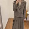 Chic Herringbone Wool Short Coat and Pleated Skirt Set for Women
