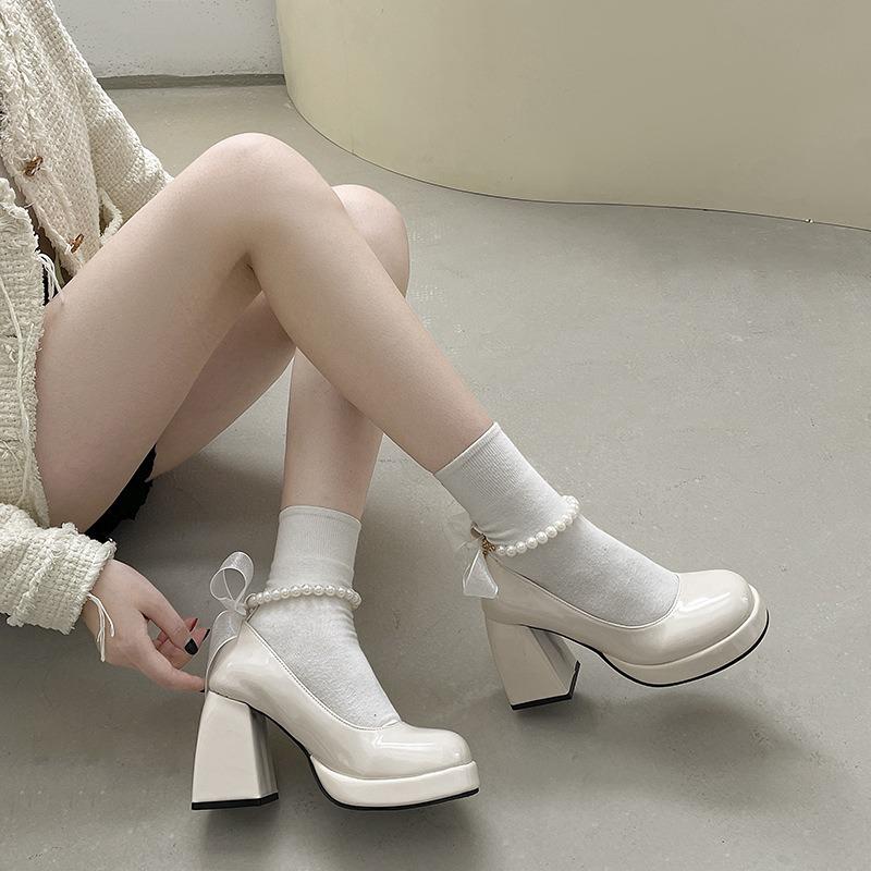 Туфли Мэри Джейн в стиле ретро с жемчужным бантом, женские весенне-осенние туфли на толстом и милом высоком каблуке