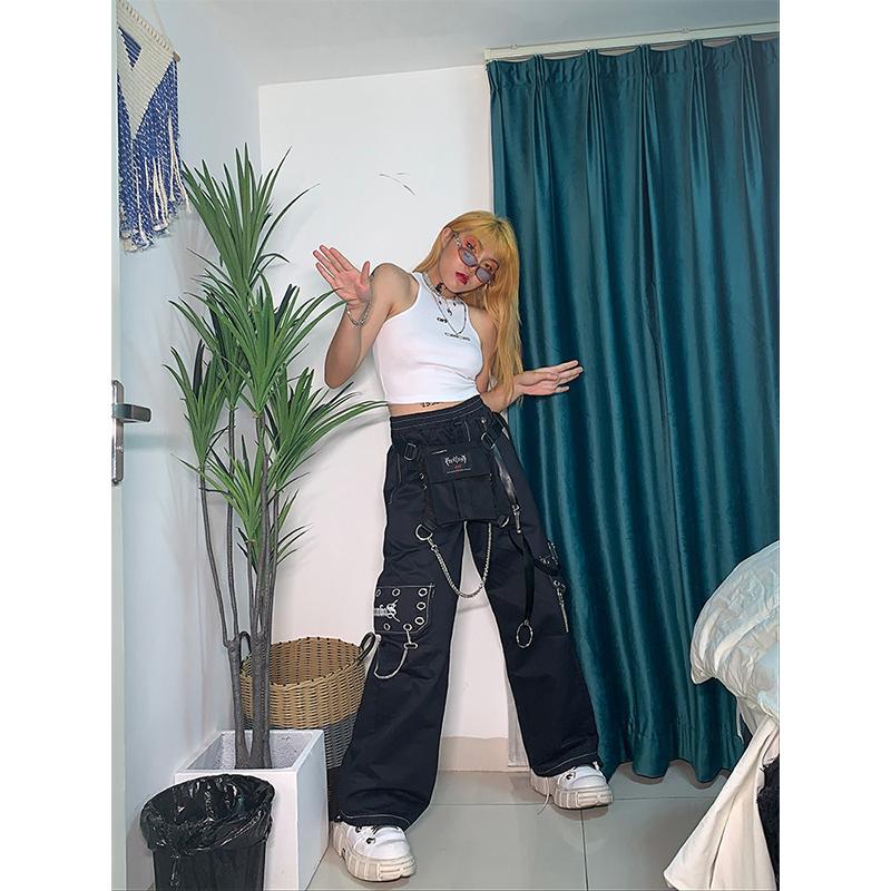 Черные брюки-карго в стиле Харадзюку, женские брюки-карго в готическом стиле с цепочкой, белые широкие брюки, женские хиппи, уличный стиль, эмо-торговый центр, гот
