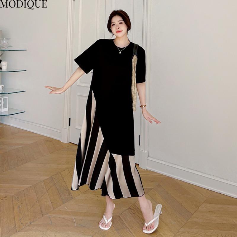 MODIQUE Летние Большие Размеры Новые Женские Свободные Базовые Футболки Шелковые Полоски Лоскутные Длинные Платья Женские Повседневные Платья С Коротким Рукавом О-Образным Вырезом