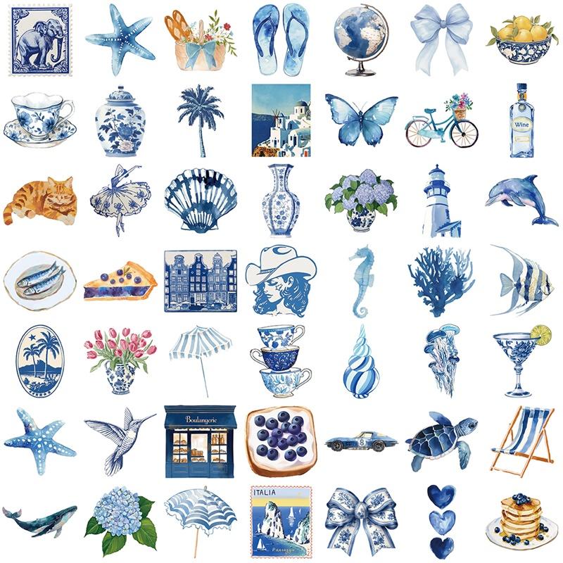 10/30/50PCS Kawaii INS Blue PVC Sticky Sticker Aesthetic DIY Decoration Scrapbooking Hand Accounting Supplies