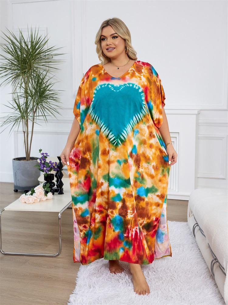 EDOLYNSA Plus Size Loose Kaftan Dresses For Women 2024 Boho Printed Vacation Beach Coverup Summer House Dress Cozy V Neck Short Sleeve Loungewear