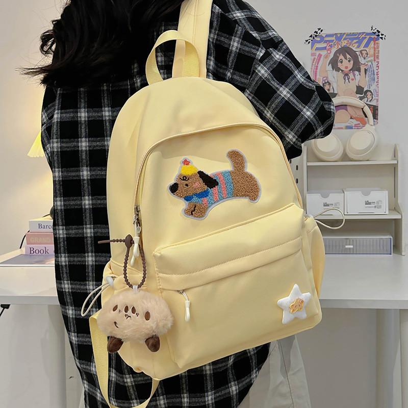 Solid Color Cute Sausage Dog Embroidery Pattern Student Backpack With Star Pendant