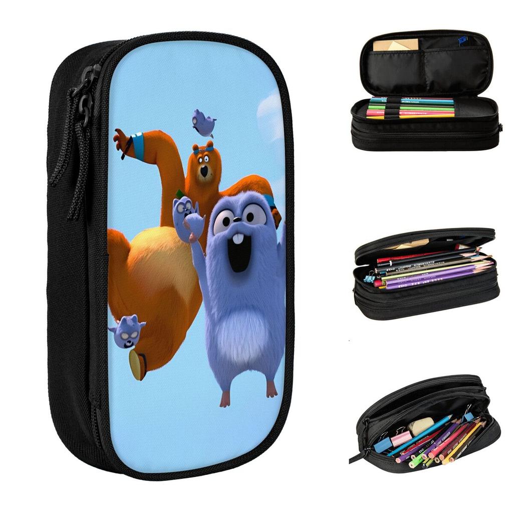 GRIZZY AND THE LEMMINGS Pencil Case Cartoon Bear Pen Holder Bag for Student Large Storage Students School Gifts Pencil Pouch