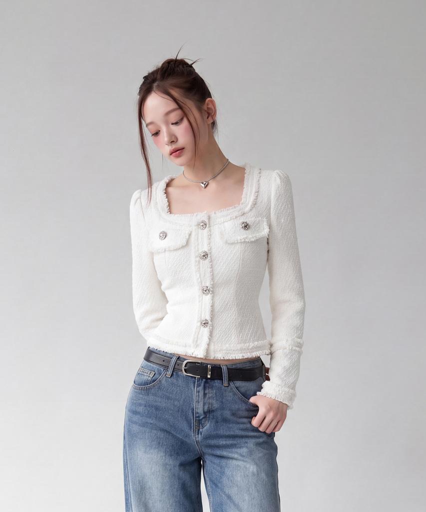 INMUDEU Blanc Slim Square Neck Tweed Short Jacket [Ivory]