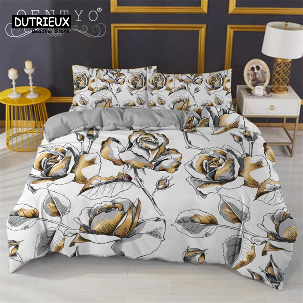 Золотая Роза Цветочный Комплект Постельного Белья Размер Queen Романтический Стиль Девочка-Фея Сердце Пододеяльник Комплект День Святого Валентина Микрофибра Покрывало