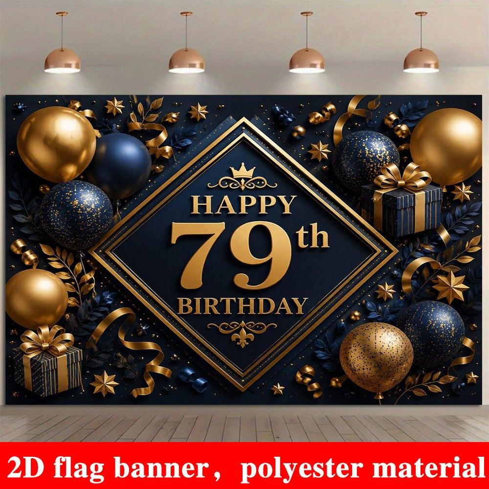 2D Flat Banner, 79th Birthday Backdrop, Golden and Blue Balloons, Gift Boxes, Decorative Foliage