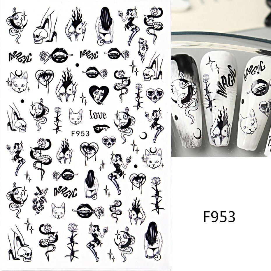 Cute Halloween Evil Nail Design Sticker Green Cartoon Skull Ghost Spooky 3D Punk Manicure Slider Decals DIY Nail Art