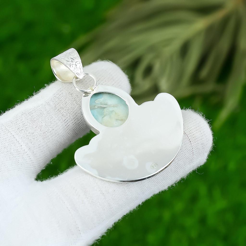 Sterling Silver Oval Larimar Stone Wedding Sister Birthday Bezel New Pendant