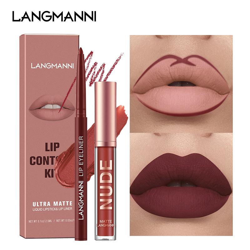 Langmanni Lip Gloss Lip Liner Set 2 Sets Non-sticky Cup Matte Lip Gloss Set
