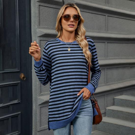 Женские топы с круглым вырезом, длинными рукавами, полосатым принтом, футболка с боковыми разрезами, средней длины, свободный крой, эластичная футболка