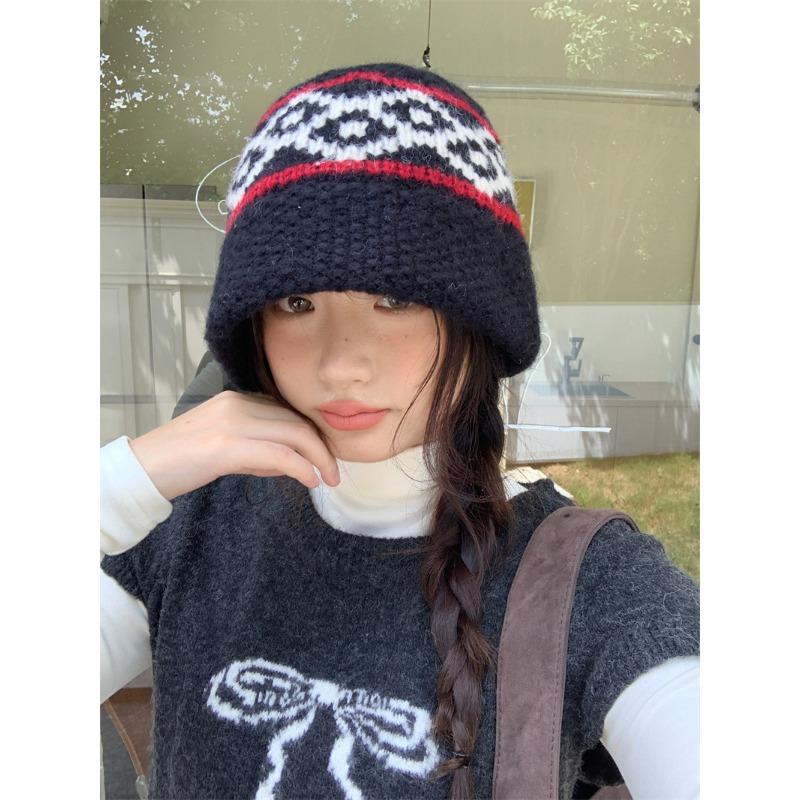 Vintage Fair Isle Jacquard Knit Bucket Hat Women Warm Autumn Winter
