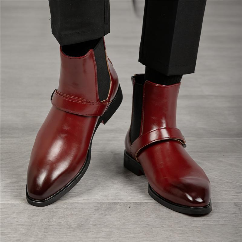 Зимняя Мода Мужские Черно-Красные Слипоны Остроносые Business Casual Ботильоны Мужские Высокие Челси Кожаные Туфли Zapatos Hombre