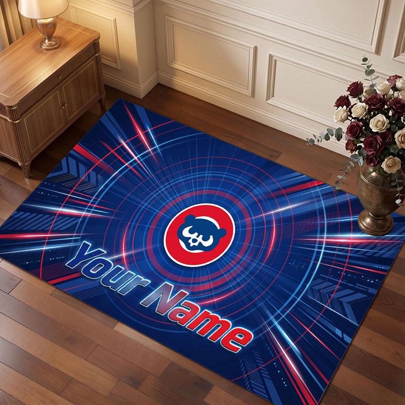Chicago Cubs Personalized Crystal Velvet Carpet, Customized Name Text Soft Anti‑Slip Rug for Living Room Bedroom