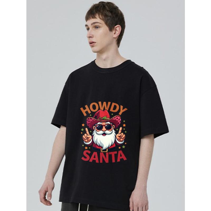 Черная футболка с круглым вырезом Howdy Santa Ковбой Санта в солнцезащитных очках и шляпе Рождественская праздничная одежда для вечеринок