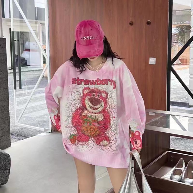 2024 A/W Strawberry Bear Loose Knit Sweater - Women's Round Neck Casual Style