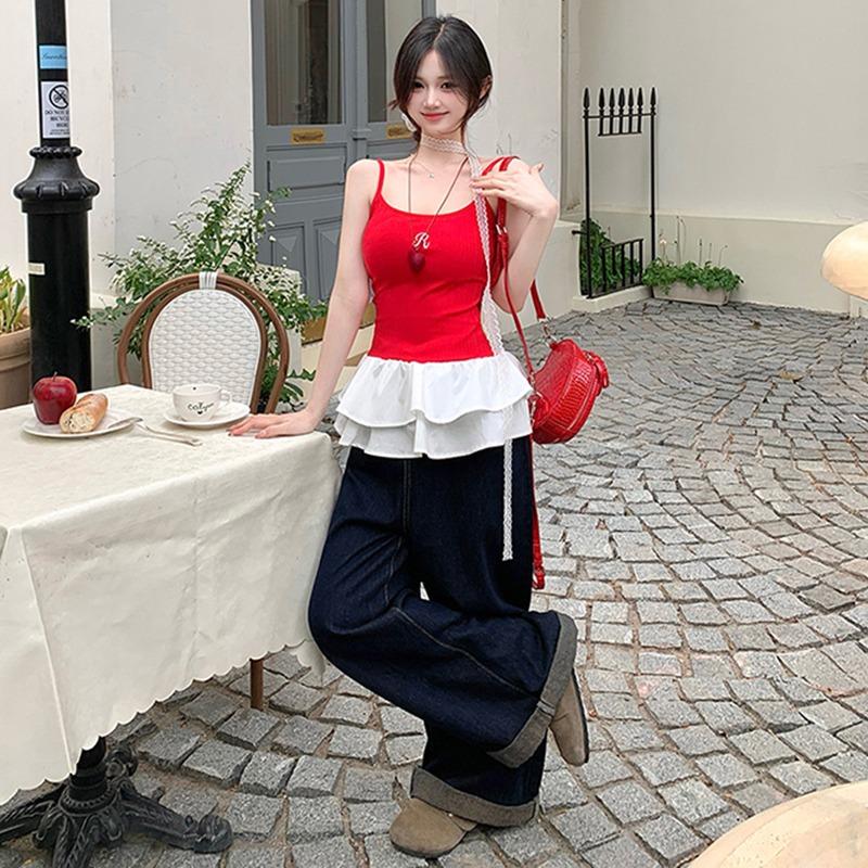 Футболка без рукавов в балетном стиле с круглым вырезом, летняя, из МОДАЛ-ХЛОПКА, сексуальная, слинг-футболка для женщин, с принтом листьев лотоса, тонкая, эластичная, обтягивающая, красная