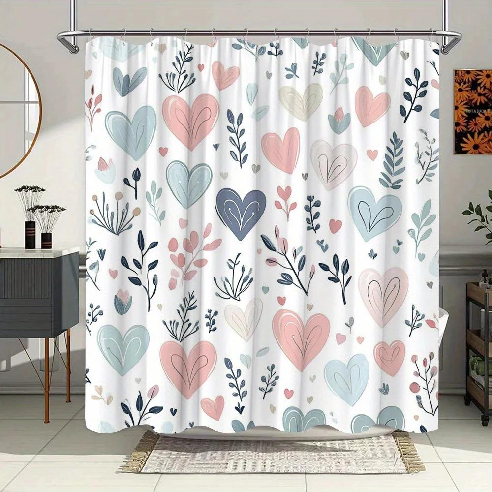 Акварельная шторка для душа с сердечками - Розовые, голубые и бежевые сердечки со стилизованными листьями на белом фоне, прочный полиэстер