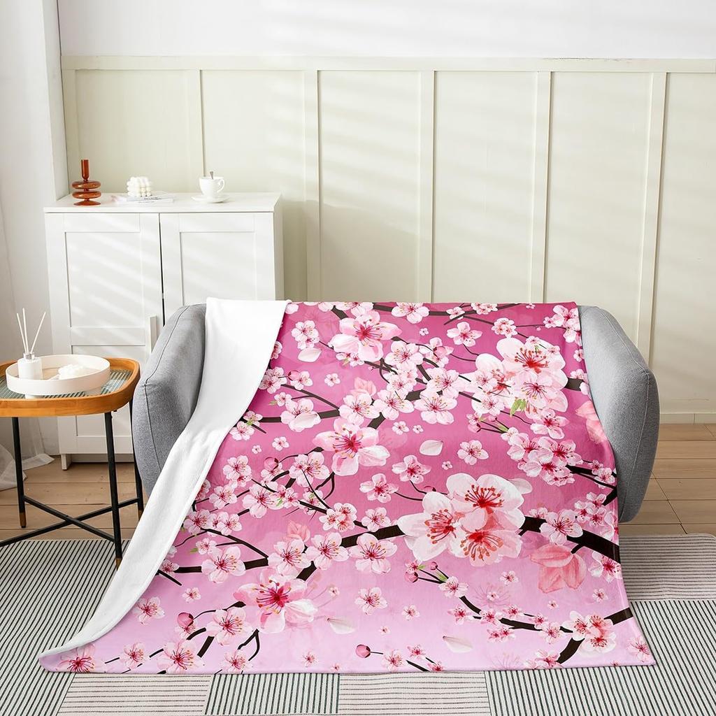 GUOYU Blanket Cherry Blossoms Fuzzy Blanket Queen Japanese Style Fuzzy Blanket Sakura Flower Flannel Fleece Throw Blanket Gradient Pink All