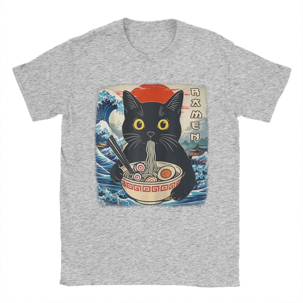 Funny Japanese Black Cat Ramen T-Shirt Men Crew Neck 100% Cotton T Shirts Kawaii Noodle Cat Short Sleeve Tees Birthday Gift Tops