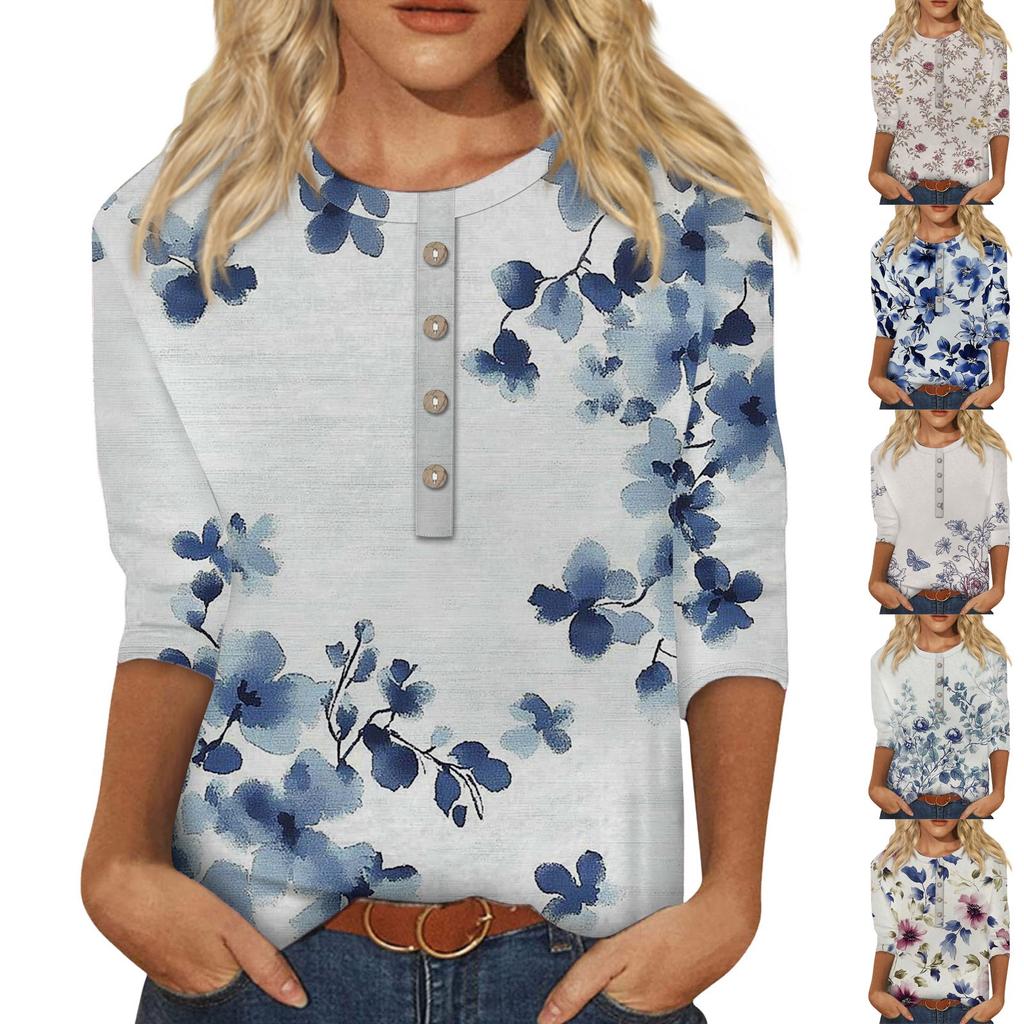 Women's Fashion Casual 3/4 Sleeve Floral Button Printed Round Neck Pullover Top Casual Clothing