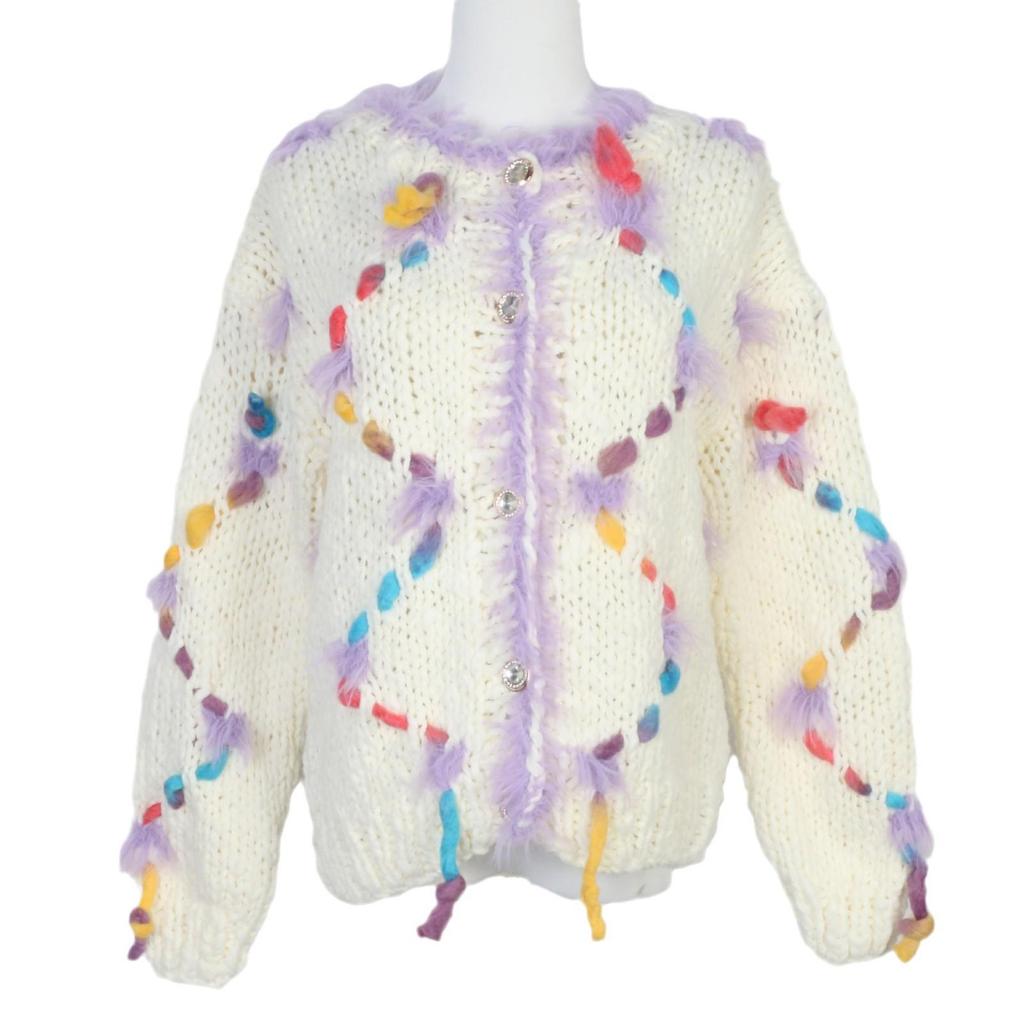 Европейский и американский модный свитер-кардиган ручной вязки крючком с вышивкой, круглым вырезом и свободного кроя для женщин - Коллекция Осень-Зима