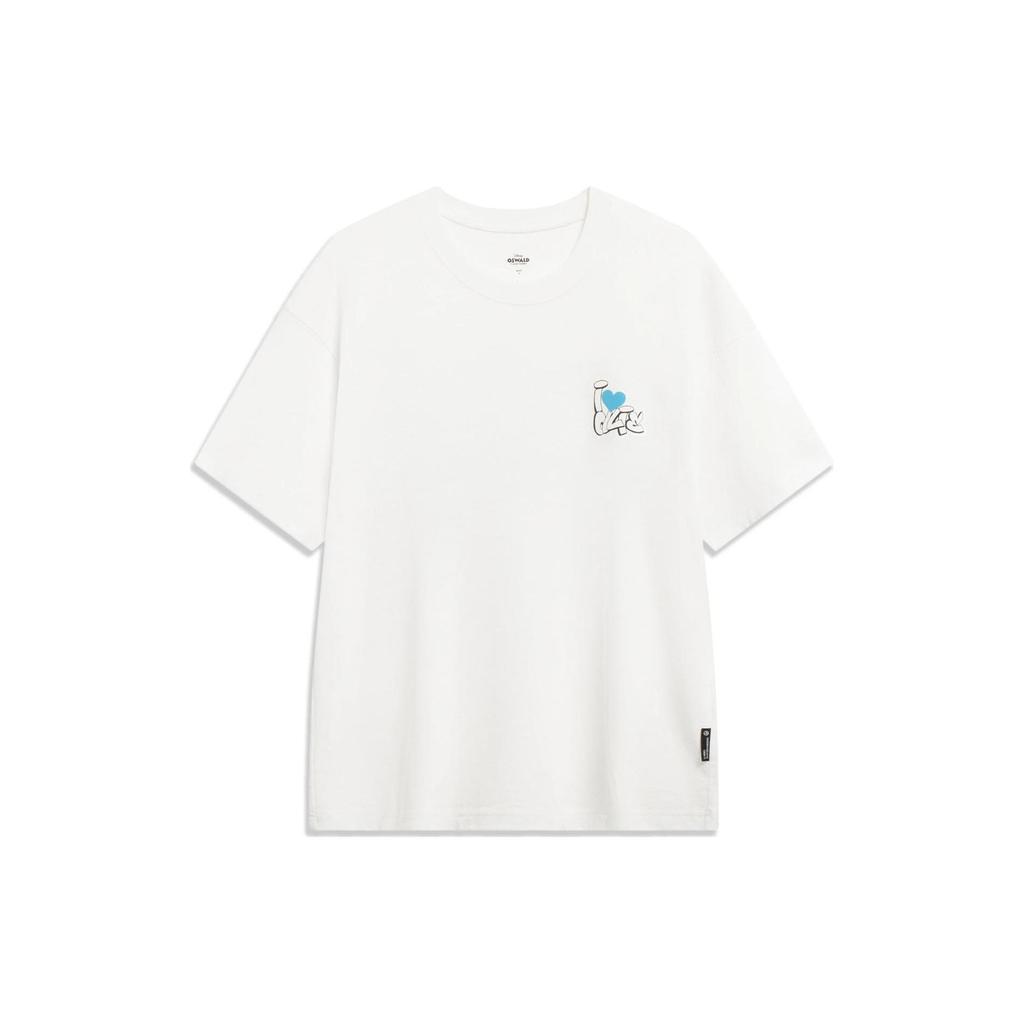 Li-Ning X Disney Oswald Series Alphabet Print Cartoon Graphic Short Sleeve T-Shirt Unisex Tops Off-White AHST317-5