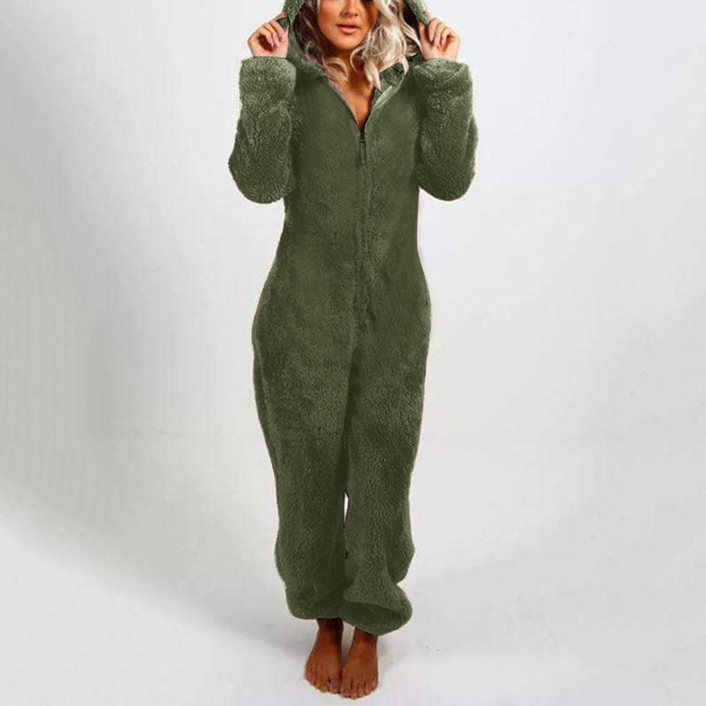 Women Long Sleeve Hooded Jumpsuit Pajamas Casual Winter Warm Rompe Sleepwear