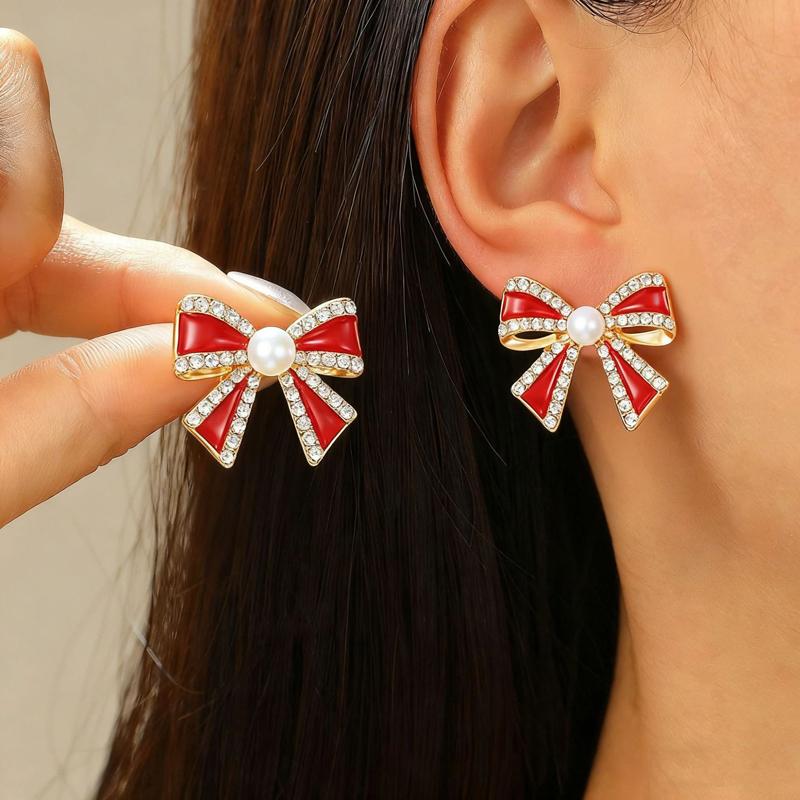 Vintage Metal Bow Inlay Zircon Stud Earrings for Women Exquisite Imitation Pearl Bowknot Charms Earrings Fashion Party Jewelry