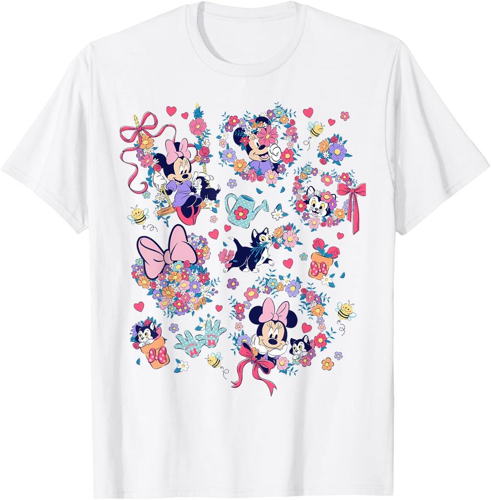Fashion Casual Minnie Mouse and Figaro Flower Garden Collage T-Shirt Unisex