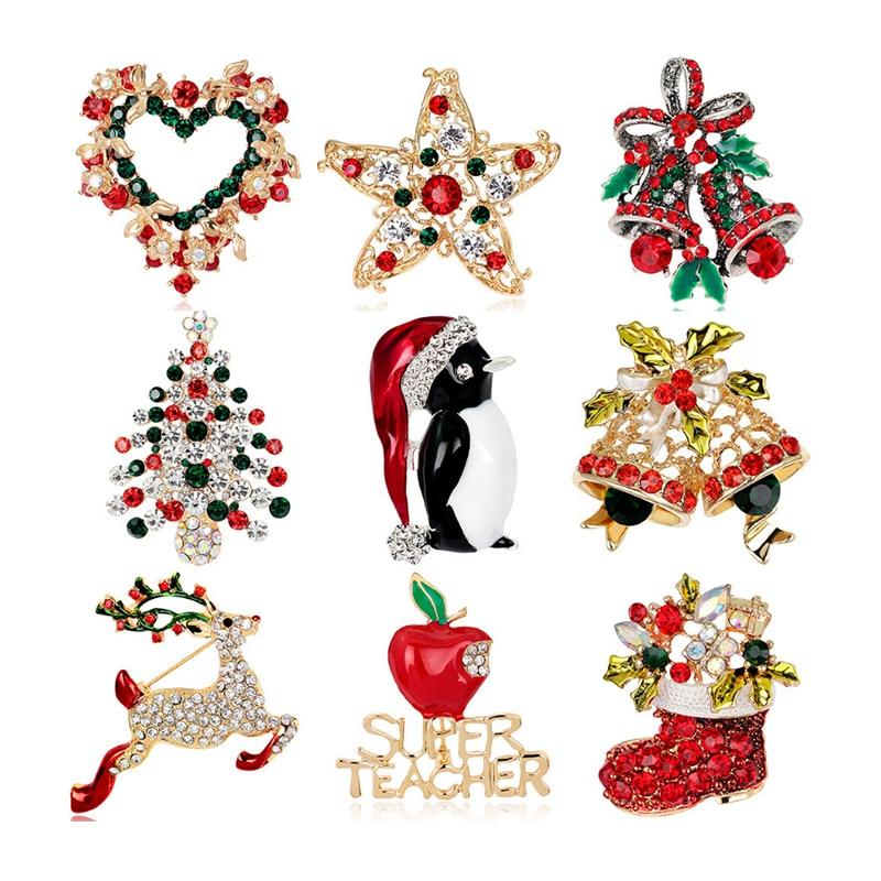 2021 New Year Christmas Brooch Flower Wreath Xmas Tree Bells Elk Enamel Brooches Pins For Women Men Fine Jewelry Christmas Gifts
