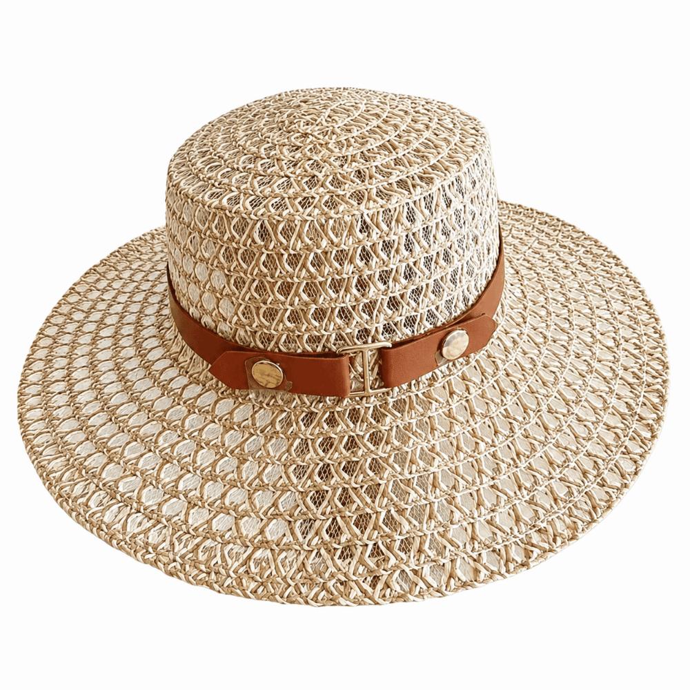 Woven Flat Top Hat Buckle Decorated Band Flat Brim Hat Versatile Straw Hat Daily Matching