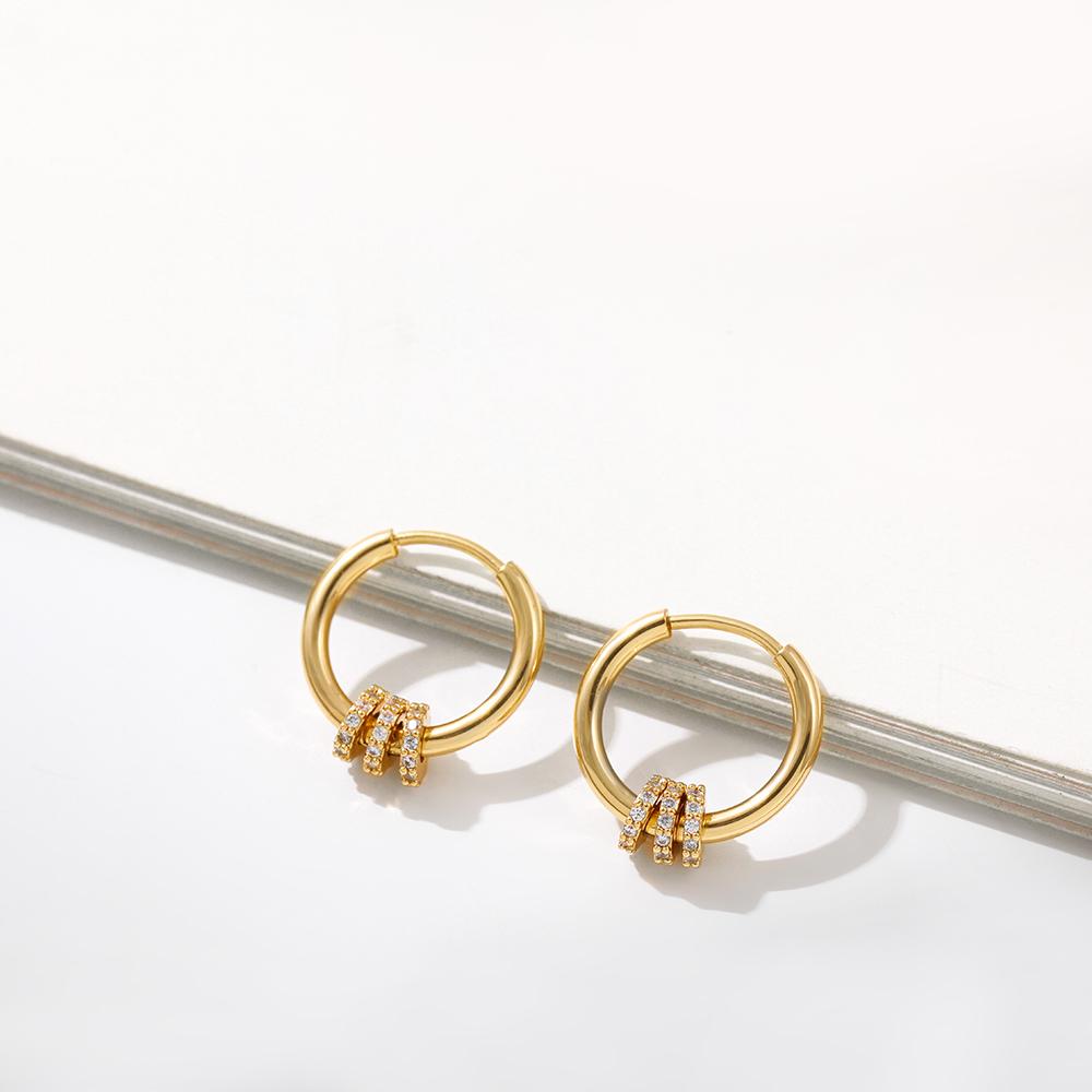 New Trendy Small Round Stainless Steel Hoop Earrings with Zircon Stone Triple Band Pendant Earrings Ear Buckle Huggies Zircon