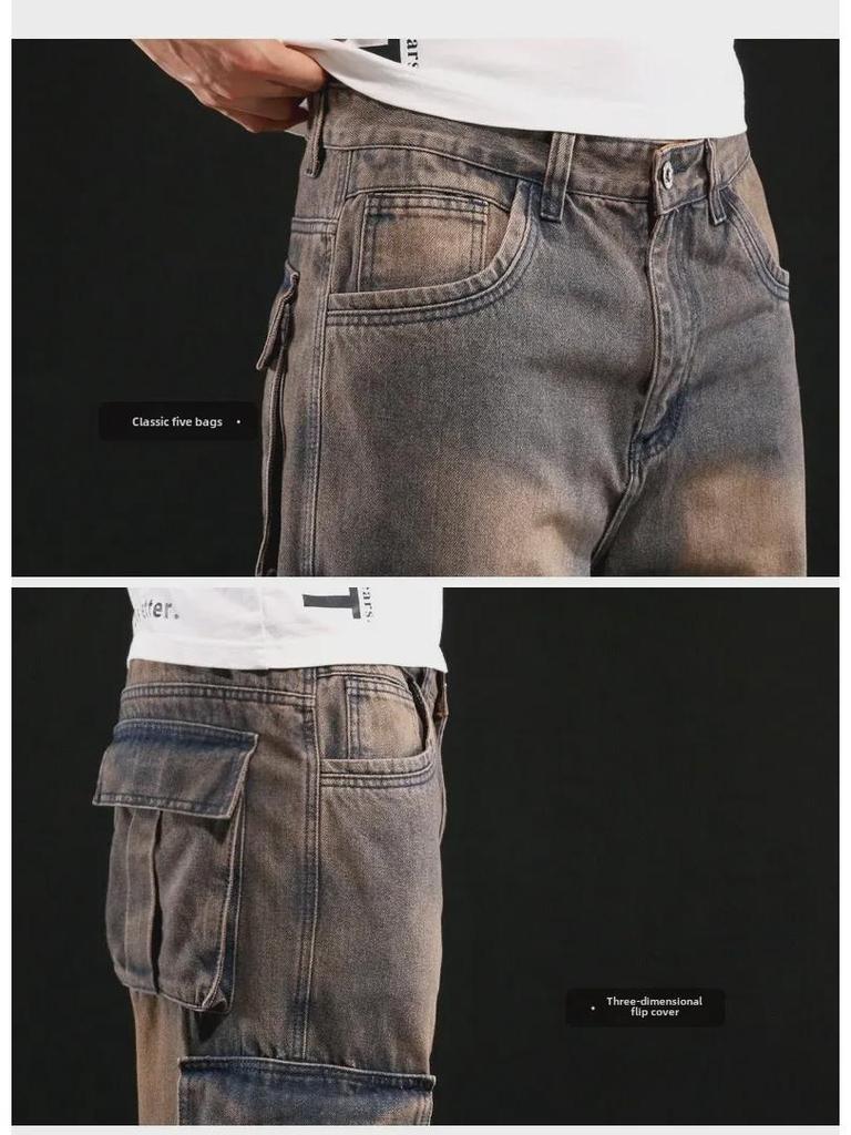 Мужские джинсы американского стиля с широкими штанинами и множеством карманов, свободные рабочие джинсы, большой размер