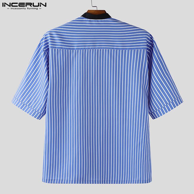 INCERUN Мужские повседневные рубашки с коротким рукавом, без воротника, в полоску, со строчкой