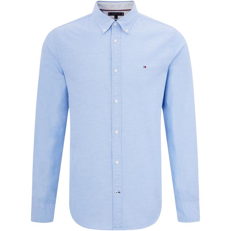 Tommy Hilfiger Мужская рубашка Oxford Business Casual Минималистичная Однотонная Приталенная С длинным рукавом Синяя XM0XM01120
